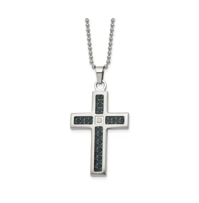 Chisel Brushed Carbon Fiber Inlay Cz Cross Pendant Ball Chain Necklace