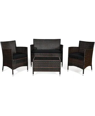Slickblue 4 Pieces Comfortable Outdoor Rattan Sofa Set with Glass Coffee Table
