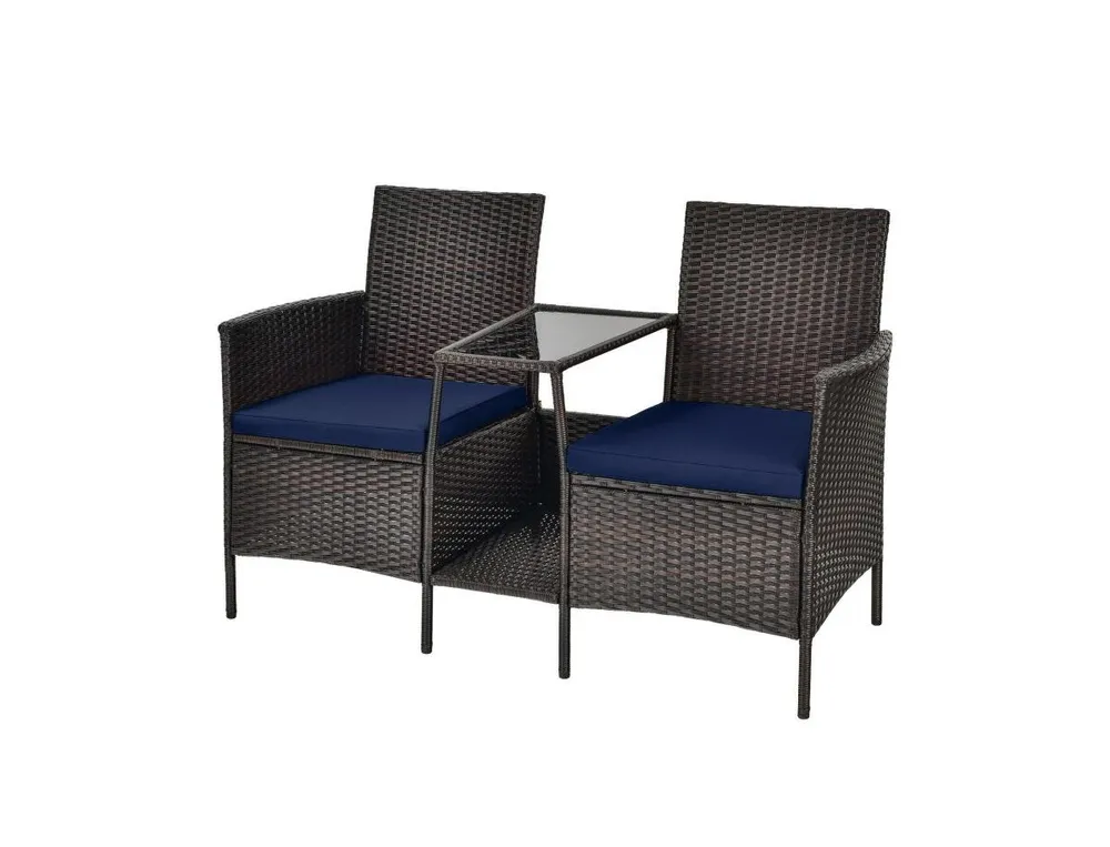 Patio Rattan Wicker Conversation Set Sofa Cushioned Loveseat Glass Table