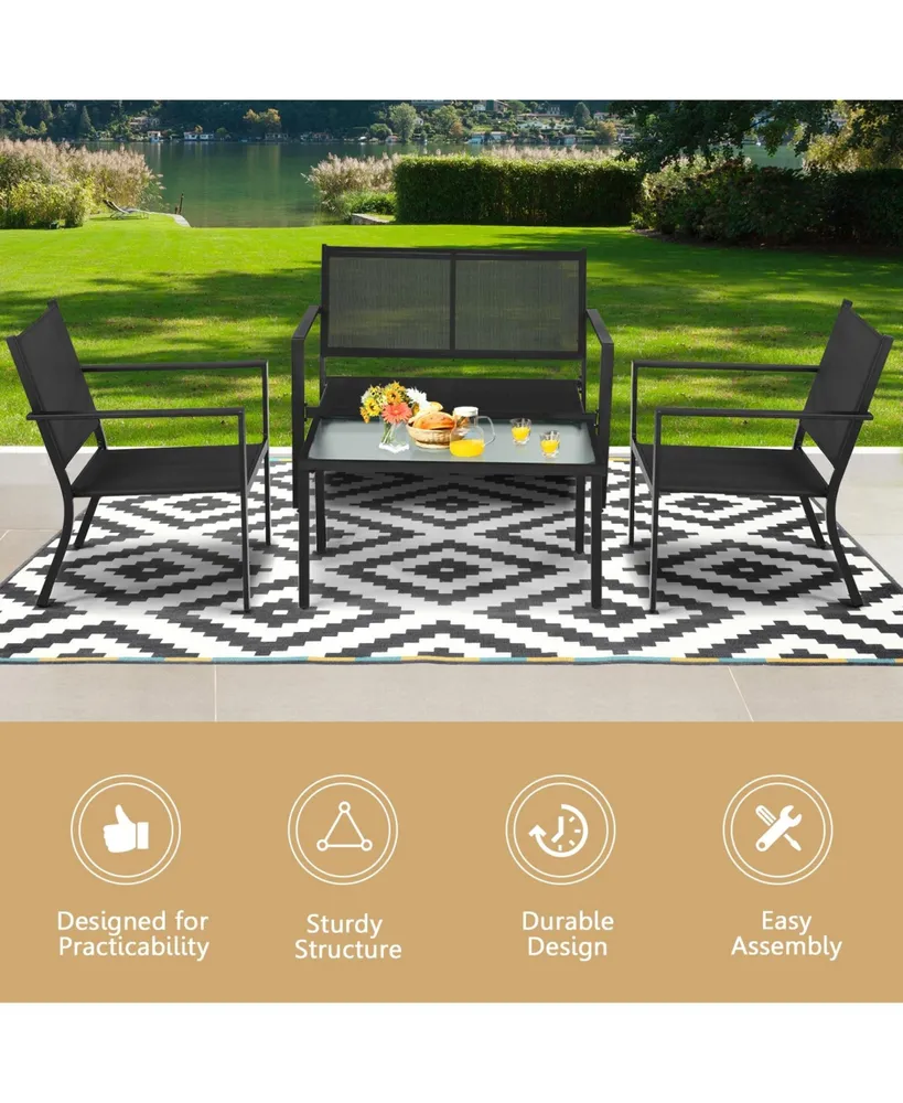 4 Pcs Patio Furniture Set Sofa Coffee Table Steel Frame Garden-Grey
