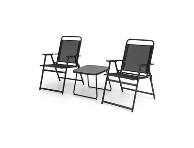 3 Pieces Patio Folding Conversation Chairs and Table-Black