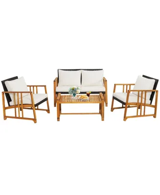 4 Pieces Patio Rattan Conversation Set with Seat and Back Cushions-Off White - Off