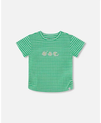 Girl Crinkle Jersey Top With Flower Applique Vichy Green - Child