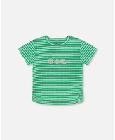 Girl Crinkle Jersey Top With Flower Applique Vichy Green - Child