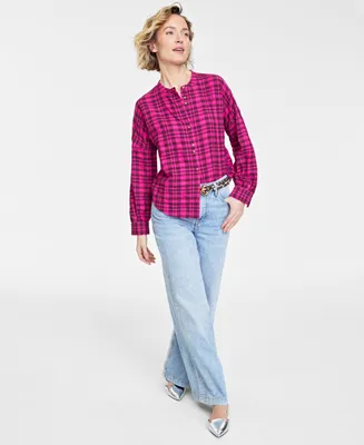 On 34th Women's Plaid Pleated-Sleeve Shirt, Created for Macy's