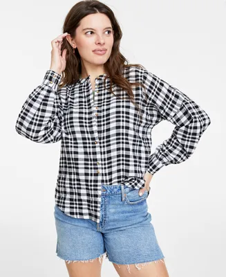 On 34th Women's Plaid Pleated-Sleeve Shirt, Created for Macy's