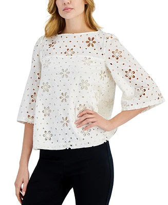 T Tahari Women's Floral Embroidered Eyelet Boat-Neck Top