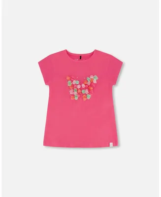 Girl Organic Cotton Top With Print And Applique Candy Pink