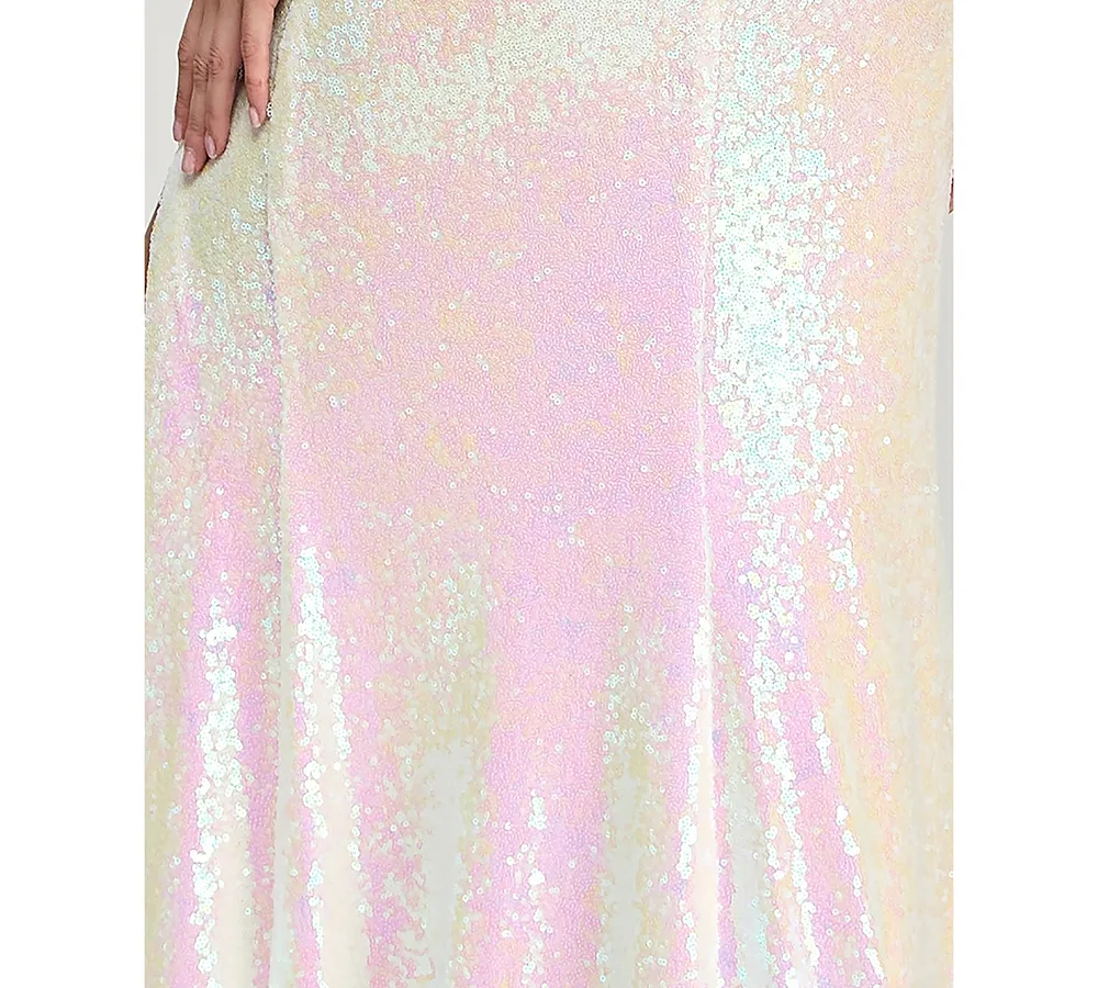 B Darlin Juniors' Sequined Cowlneck Lace-Up-Back Gown