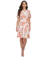 Dkny Women's Printed Flutter-Sleeve Tie-Waist Dress