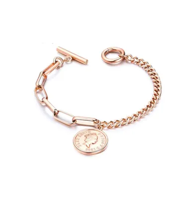 Link Bracelet with Coin Charm and Toggle Clasp