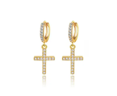 Hollywood Sensation Cross Huggie Earrings with White Diamond Cubic Zirconia