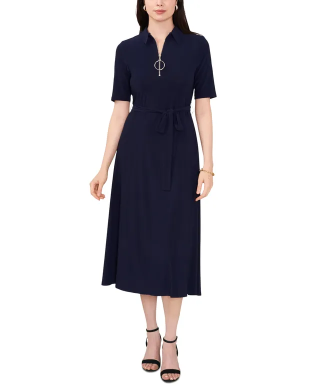 msk jersey dress MSK Womens Navy Stretch Beaded Belted Jersey Knit Pullover Unlined 3/4 Sleeve V Neck Midi Fit + Flare Dress S