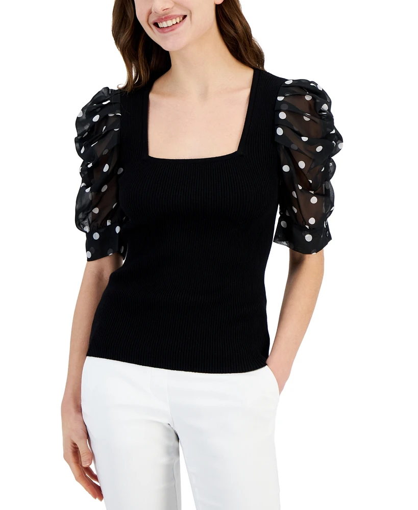 T Tahari Women's Polka-Dot-Sleeve Knit Top