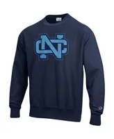 Men's Champion Navy Distressed North Carolina Tar Heels Vault Logo Reverse Weave Pullover Sweatshirt