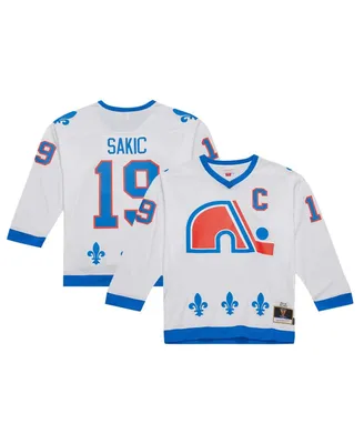 Men's Mitchell & Ness Joe Sakic White Distressed Quebec Nordiques Captain Patch Vintage-Like Hockey 1994/95 Blue Line Player Jersey