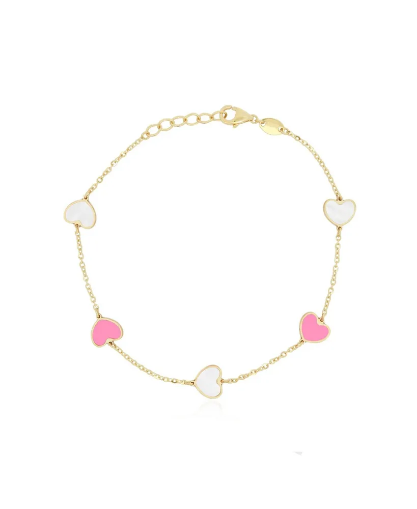 The Lovery Mother of Pearl and Bubblegum Pink Mixed Heart Station Bracelet 14K Gold