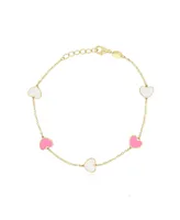 The Lovery Mother of Pearl and Bubblegum Pink Mixed Heart Station Bracelet 14K Gold