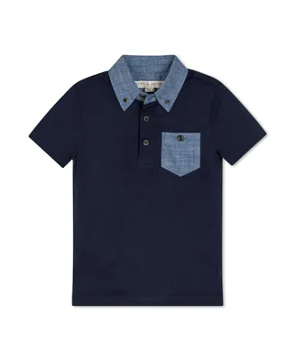 Hope & Henry Boys Organic Short Sleeve Jersey Polo with Chambray Trim