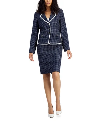 Le Suit Women's Check Print Contrast Trim Skirt Suit, Regular and Petite Sizes