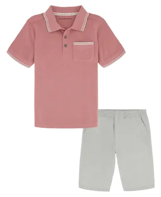 Calvin Klein Toddler Boys Monogram Pocket Pique Short Sleeve Polo Shirt and Twill Shorts, 2 Piece Set