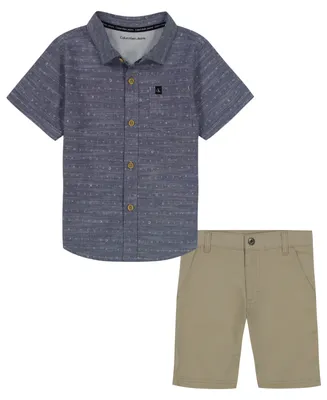 Calvin Klein Toddler Boys Logo Print Button-Up Short Sleeve Shirt and Twill Shorts, 2 Piece Set