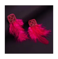 Sohi Women's Pink Beaded Feather Drop Earrings