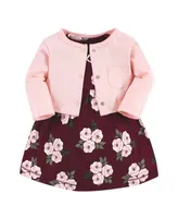 Hudson Baby Infant Girls Cotton Dress and Cardigan Set, Burgundy Floral