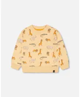 Boy French Terry Sweatshirt Beige Printed Jungle Animal