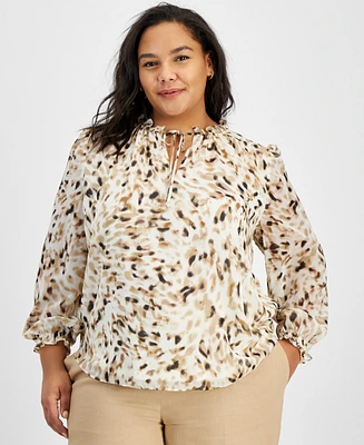 Bar Iii Plus Printed Tie-Neck Blouse, Created for Macy's