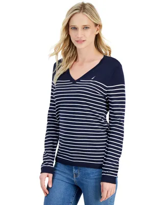 Nautica Jeans Women's Sailor-Stripe V-Neck Sweater