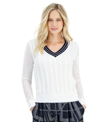 Nautica Jeans Women's Cotton Mixed-Stitch V-Neck Sweater