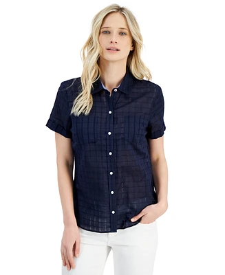 Nautica Jeans Women's Cotton Dobby Short-Sleeve Camp Shirt