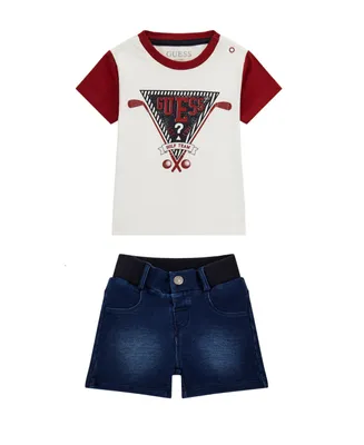 Guess Baby Boys Short Sleeve Colorblock Logo T Shirt with Knit Denim Shorts Set