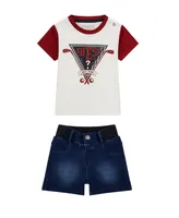 Guess Baby Boys Short Sleeve Colorblock Logo T Shirt with Knit Denim Shorts Set