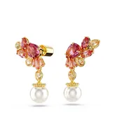 Swarovski Mixed Cuts, Crystal Swarovski Imitation Pearls, Flower, Pink, Gold-Tone Gema Drop Earrings