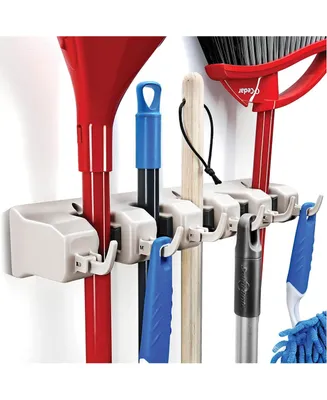 Mop And Broom Holder - Garage Storage Systems with 5 Slots, 6 Hooks, 7.5lbs Capacity Per Slot - Garden Tool Organizer For 11 Tools
