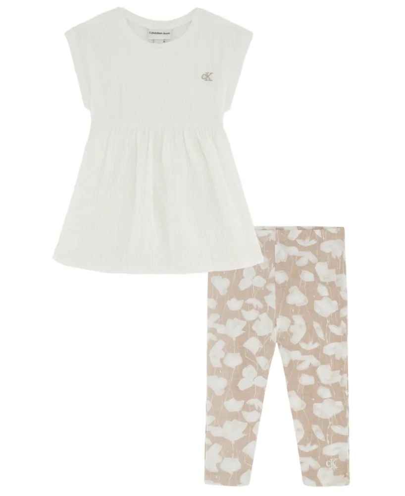 Calvin Klein Little Girls Sweater and Muslin Tunic Top with Printed Stretch Leggings, 2 Piece Set