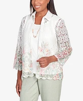 Alfred Dunner Women's English Garden Floral Border Lace Two in One Top with Necklace