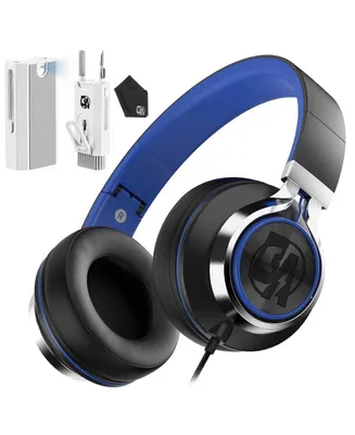 C8 Headphones Wired with Microphone and Volume Control Folding Lightweight Headset (Black/Blue)