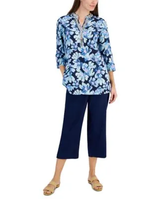 Charter Club Womens Morning Bloom Linen Tunic 100 Linen Solid Cropped Pull On Pants Created For Macys