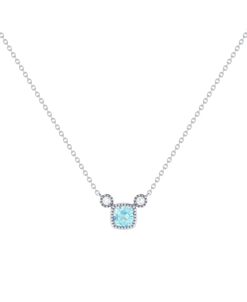 LuvMyJewelry Cushion Aquamarine Gemstone Round Natural Diamond 14K White Gold Birthstone Necklace