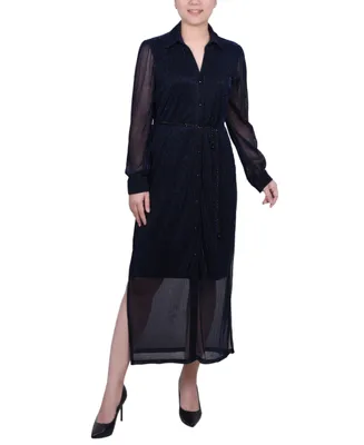 Ny Collection Women's Long Sleeve Plisse Mesh Dress with Belt