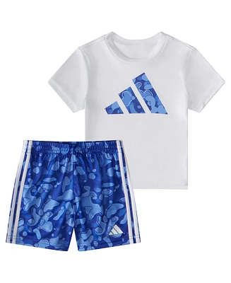 adidas Baby Boys Short Sleeve T Shirt and Printed 3 Stripes Shorts, 2 Piece Set