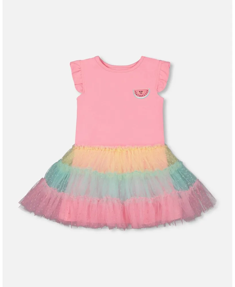 Girl Short Sleeve Dress With Tulle Skirt Bubble Gum Pink