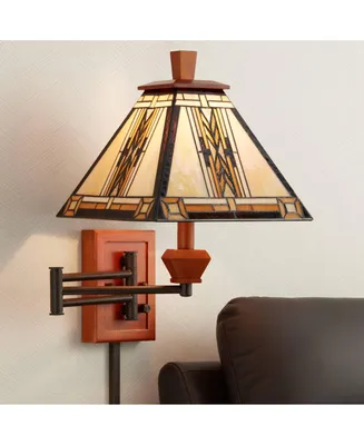 Walnut Mission Collection Tiffany Style Swing Arm Wall Lamp Wood Finish Plug