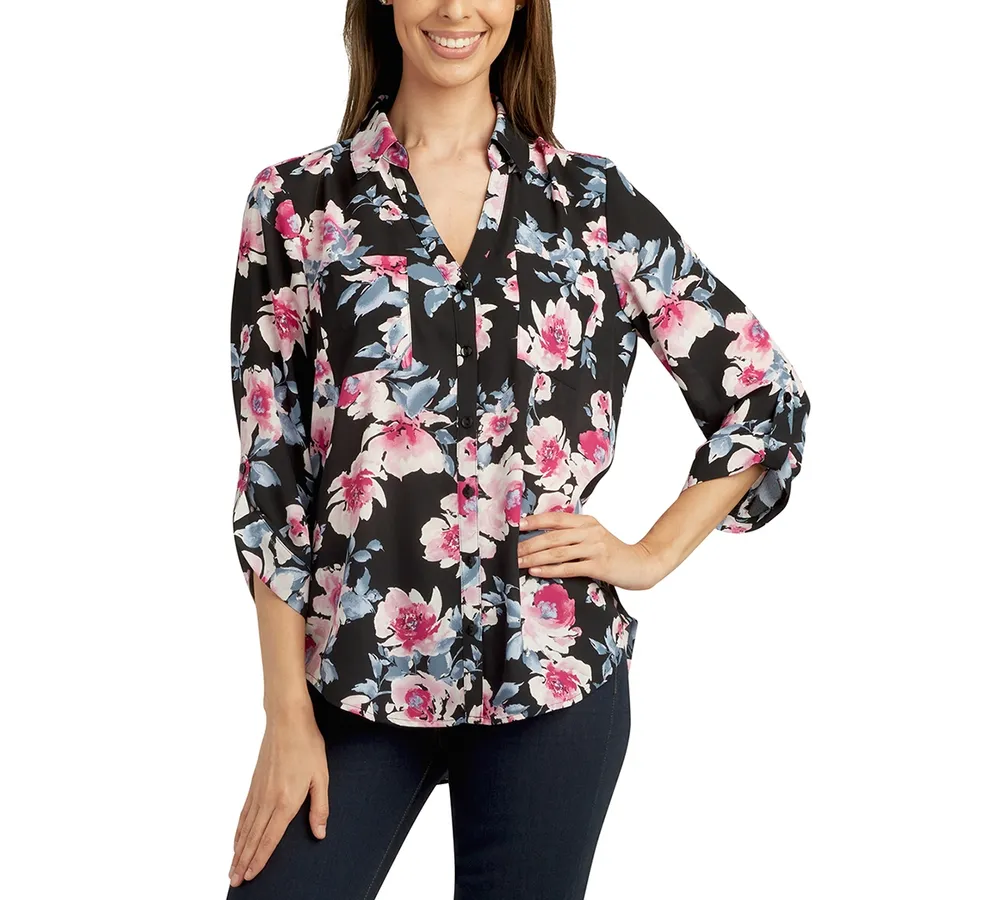 Bcx Juniors' Floral-Print Roll-Sleeve Button-Up Blouse