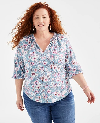 Style & Co Plus Printed Gathered V-Neck Top, Created for Macy's