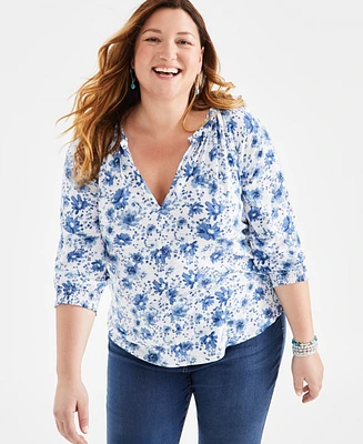 Style & Co Plus Printed Gathered V-Neck Top, Created for Macy's
