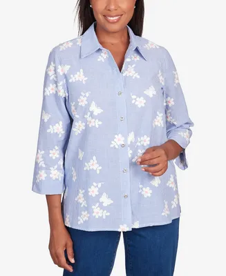 Alfred Dunner Petite Full Bloom Embroidered Floral Butterfly Stripe Button Down Top